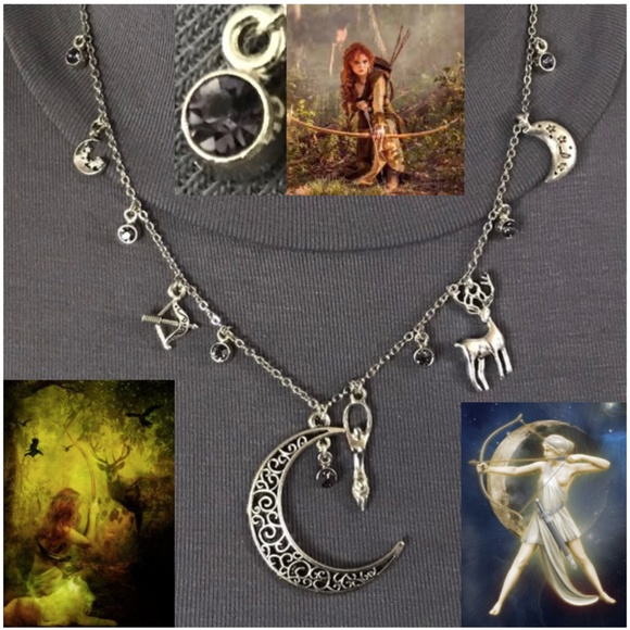 Hand Crafted Jewelry - Artemis Diana Greek Roman Goddess of Moon & Hunt Handmade Necklace, Rhinestones
